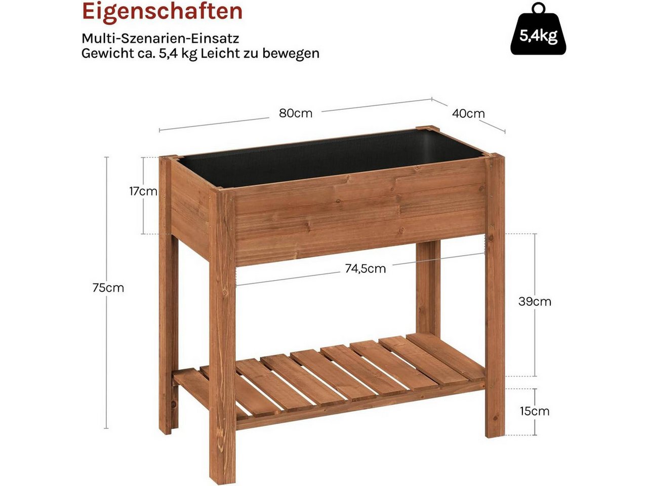 Woltu Hochbeet (1 St), mit Blumenkasten Ablageboden Folie, 80x75x40 cm – Bild 3 von 5