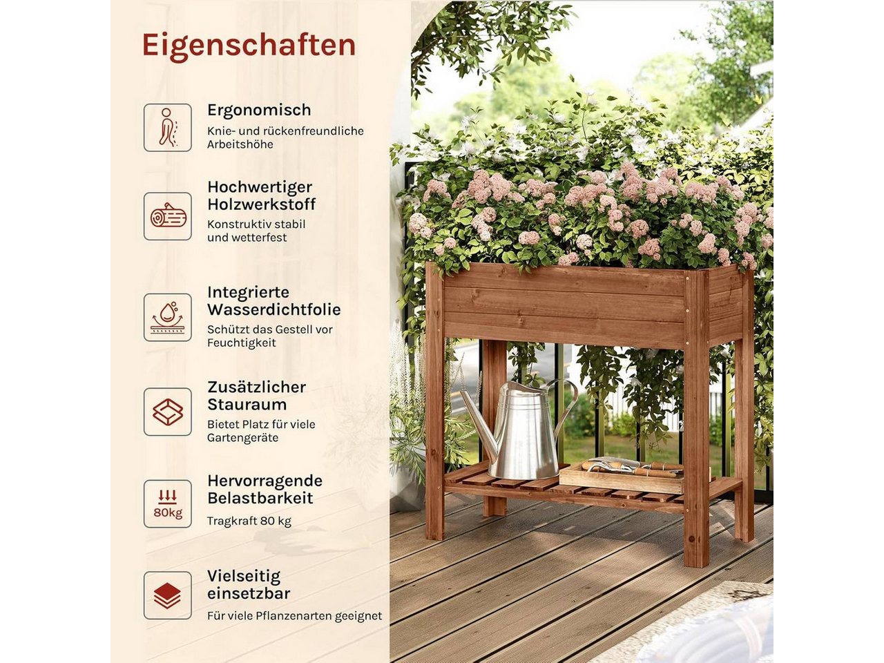 Woltu Hochbeet (1 St), mit Blumenkasten Ablageboden Folie, 80x75x40 cm – Bild 4 von 5