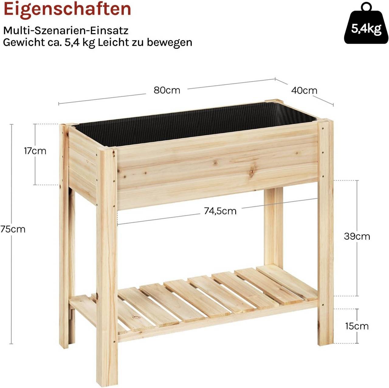 Woltu Hochbeet (1 St), mit Blumenkasten Ablageboden Folie, 80x75x40 cm – Bild 3 von 5