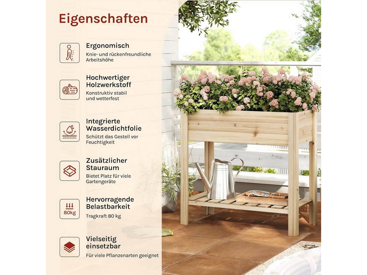 Woltu Hochbeet (1 St), mit Blumenkasten Ablageboden Folie, 80x75x40 cm – Bild 4 von 5