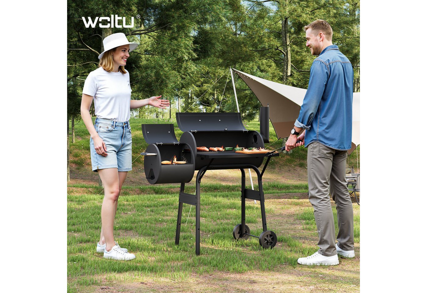 Woltu Holzkohlegrill, 2 Kammern Standgrill BBQ Grill für Camping Garten – Bild 2 von 5
