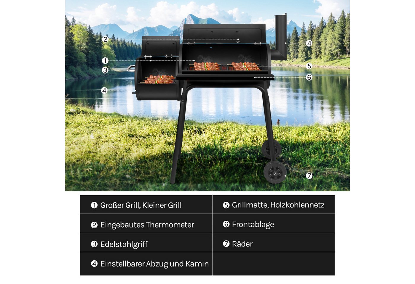 Woltu Holzkohlegrill, 2 Kammern Standgrill BBQ Grill für Camping Garten – Bild 5 von 5