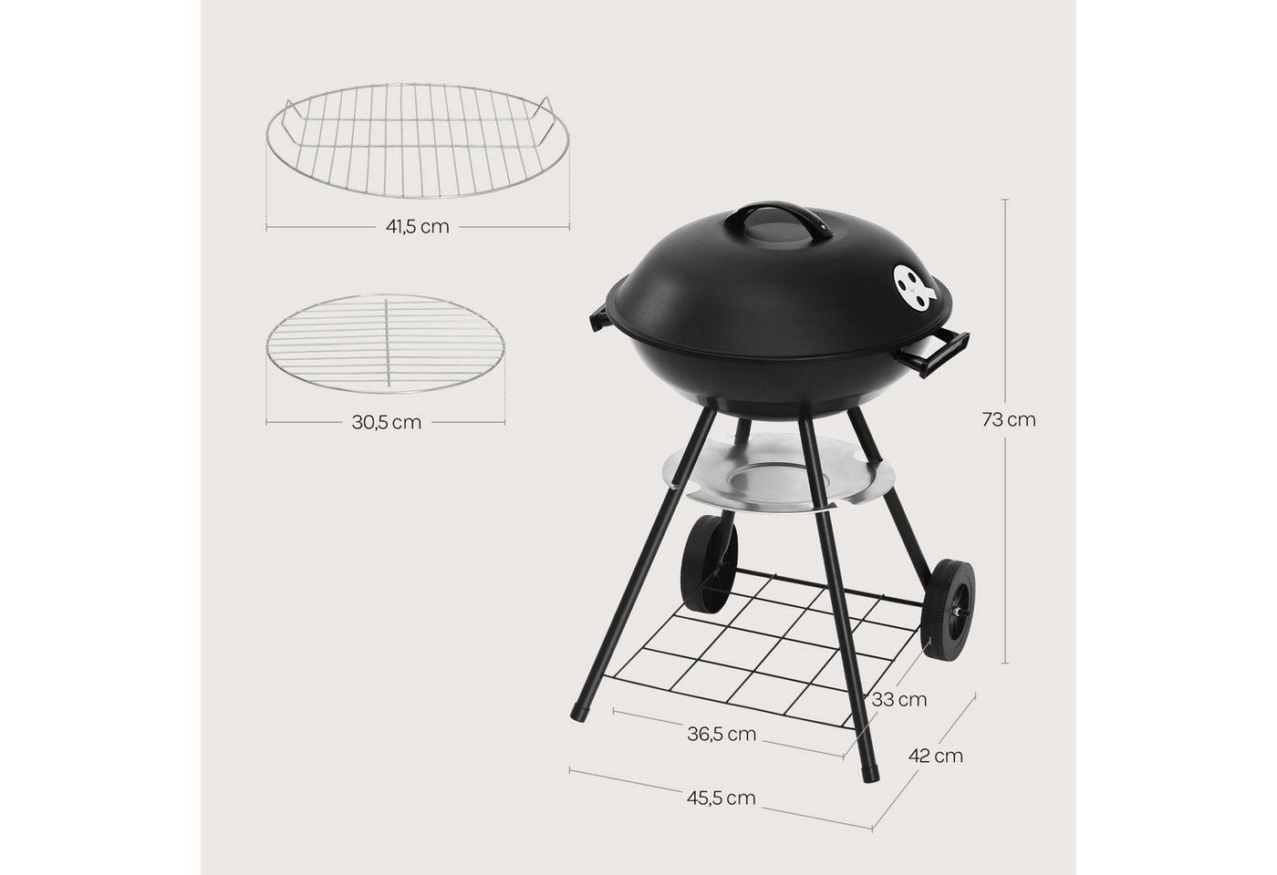 Woltu Holzkohlegrill, Holzkohle Barbecue Grill mit Räder für Garten Camping – Bild 3 von 5