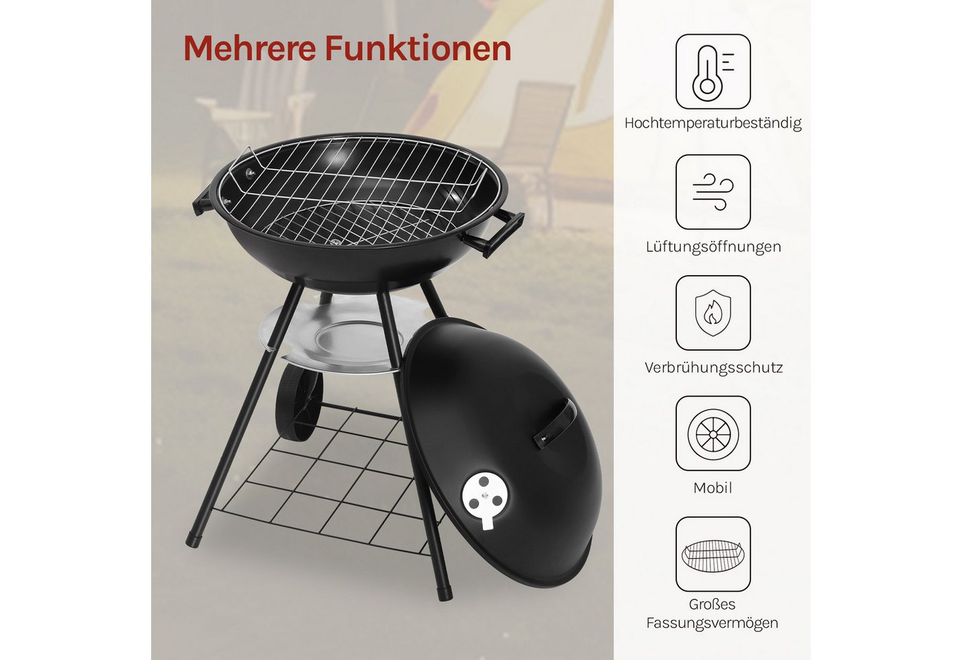 Woltu Holzkohlegrill, Holzkohle Barbecue Grill mit Räder für Garten Camping – Bild 4 von 5