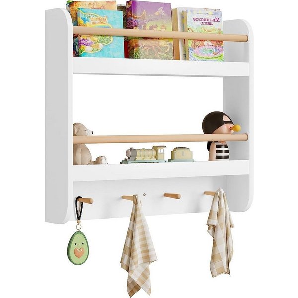 Woltu Kinderregal, 1-tlg., Bücherregal Wandregal mit 2 Ablagen 4 Hake aus MDF
