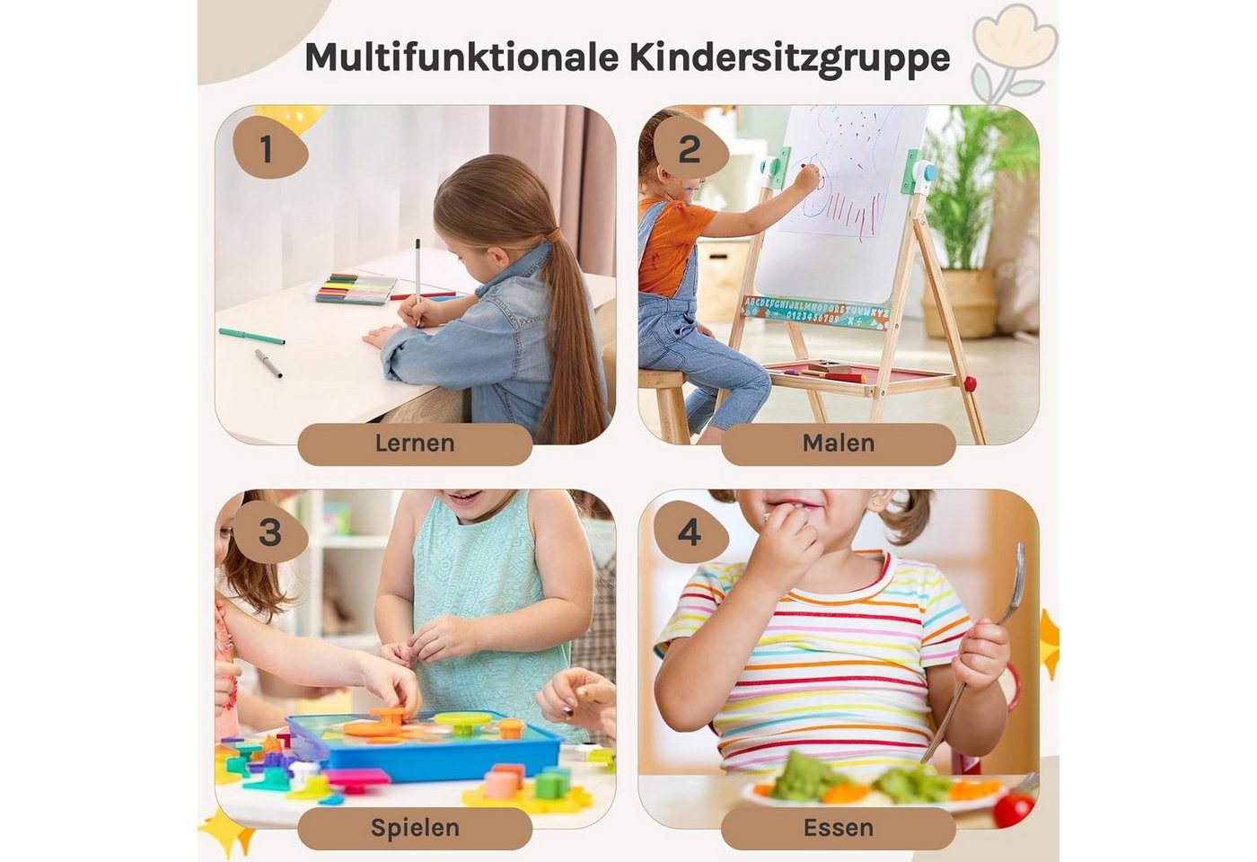 Woltu Kindersitzgruppe, (3-tlg), mit 2 Stühlen, A-förmige Konstruktion, Weiß – Bild 4 von 5