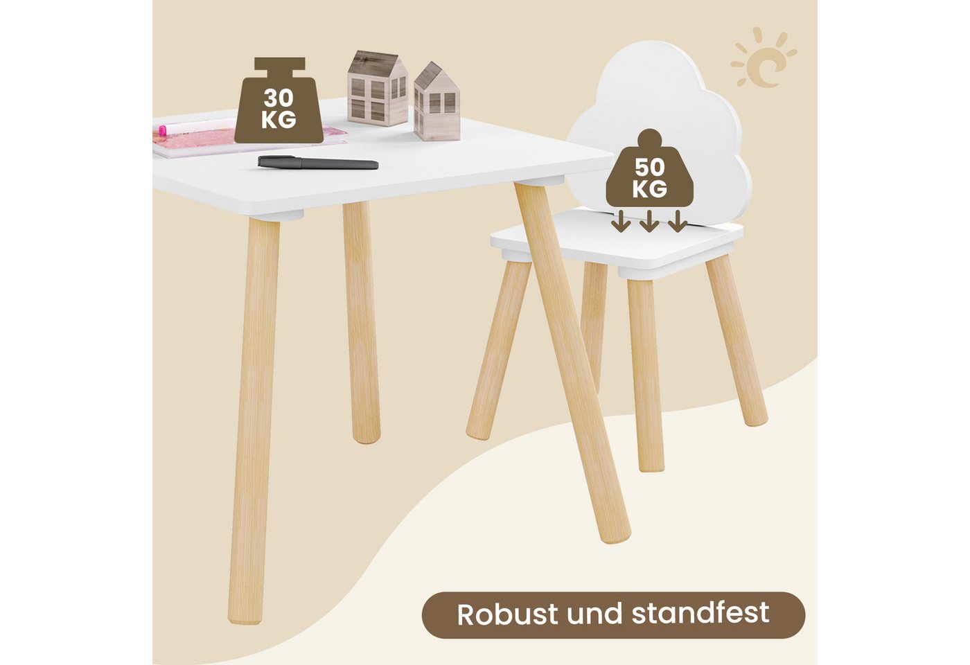 Woltu Kindersitzgruppe, (1-tlg), weiß, Kindertisch mit 2 Stühlen, mit Stauraum Netztasche – Bild 5 von 5
