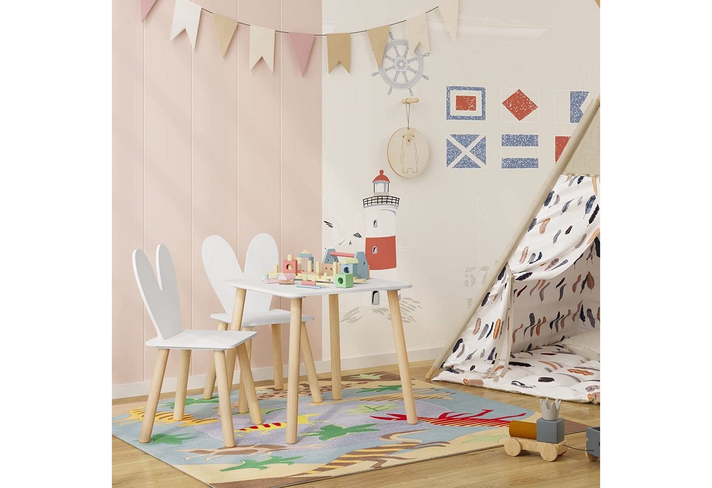 Woltu Kindersitzgruppe, Kindertisch mit 2 Stühlen, mit Massivholzbeinen, Weiß – Bild 2 von 5