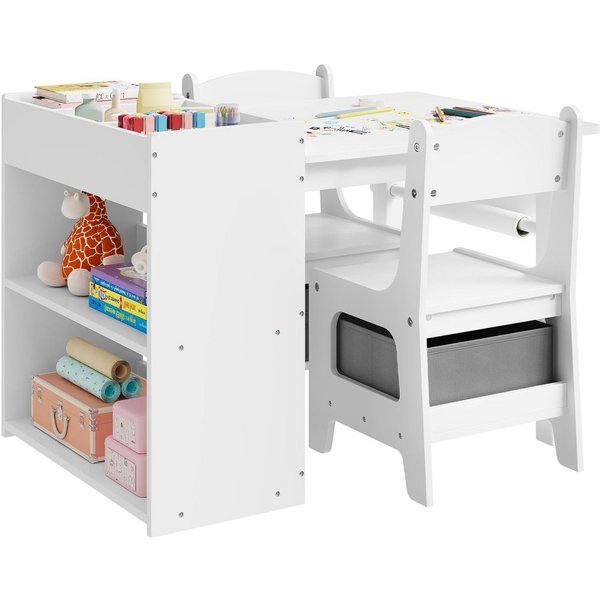 Woltu Kindertisch, mit 2 Stühlen, 2 Aufbewahrungsboxen, mit Stauraum, Weiß