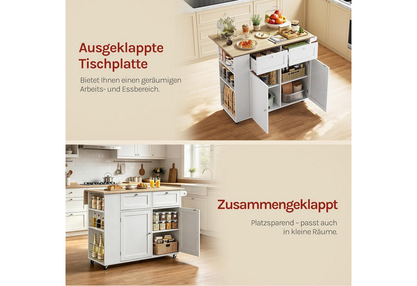 Woltu Kücheninsel, Küchenwagen mit klappbarer Arbeitsplatte, mit Rollen – Bild 4 von 5