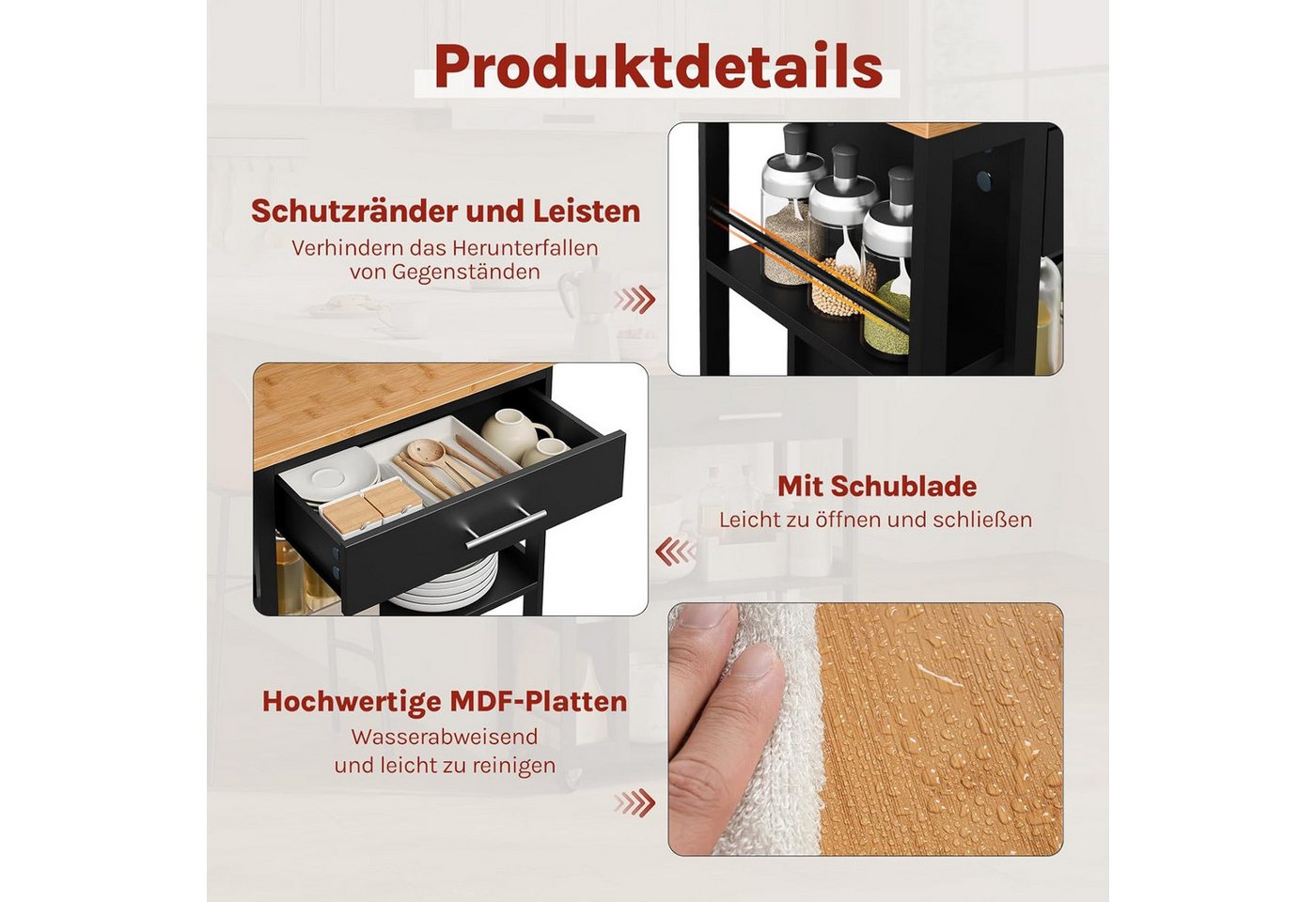 Woltu Küchenwagen, (1 St), mit Arbeitsplatte Rollen Schublade offenen Ablagen – Bild 4 von 5