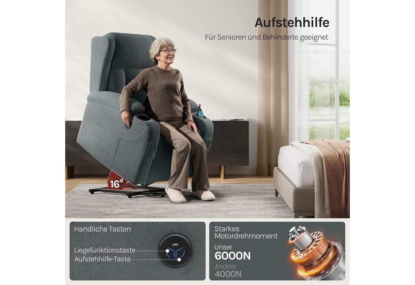 Woltu Massagesessel, elektrisch verstellbar, mit Liegefunktion Aufstehhilfe, Frottee – Bild 2 von 5