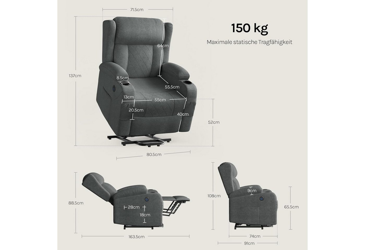 Woltu Massagesessel, elektrisch verstellbar, mit Liegefunktion Aufstehhilfe, Frottee – Bild 3 von 5