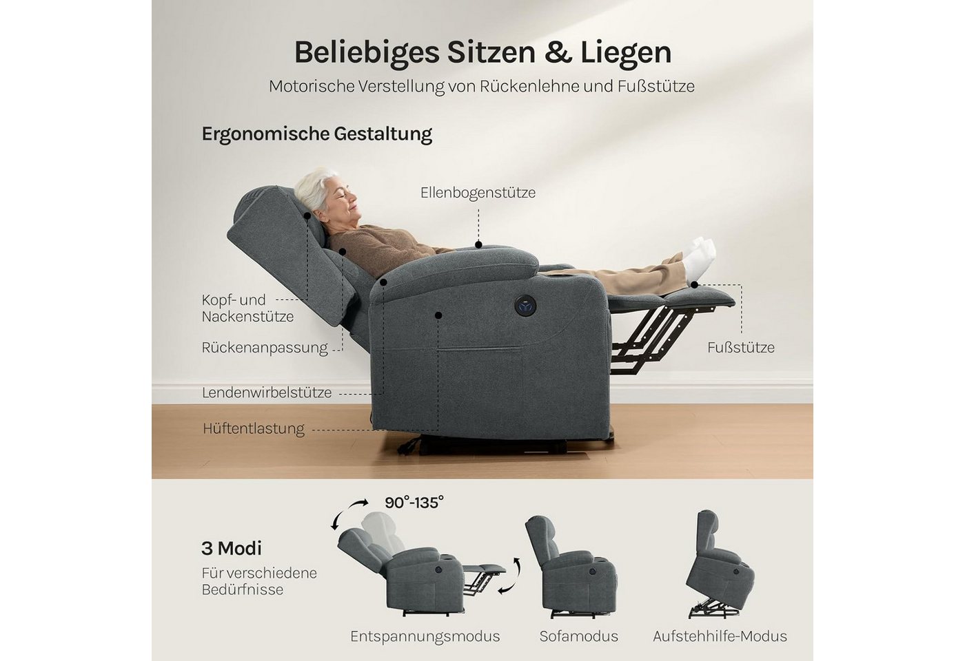 Woltu Massagesessel, elektrisch verstellbar, mit Liegefunktion Aufstehhilfe, Frottee – Bild 4 von 5