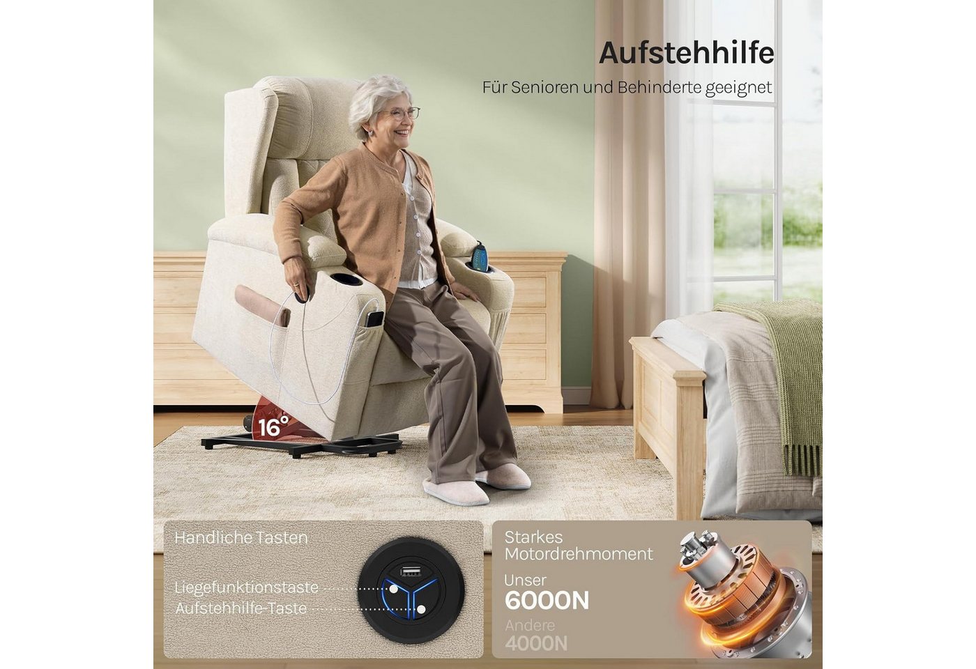 Woltu Massagesessel, elektrisch verstellbar, mit Liegefunktion Aufstehhilfe, Frottee – Bild 2 von 5