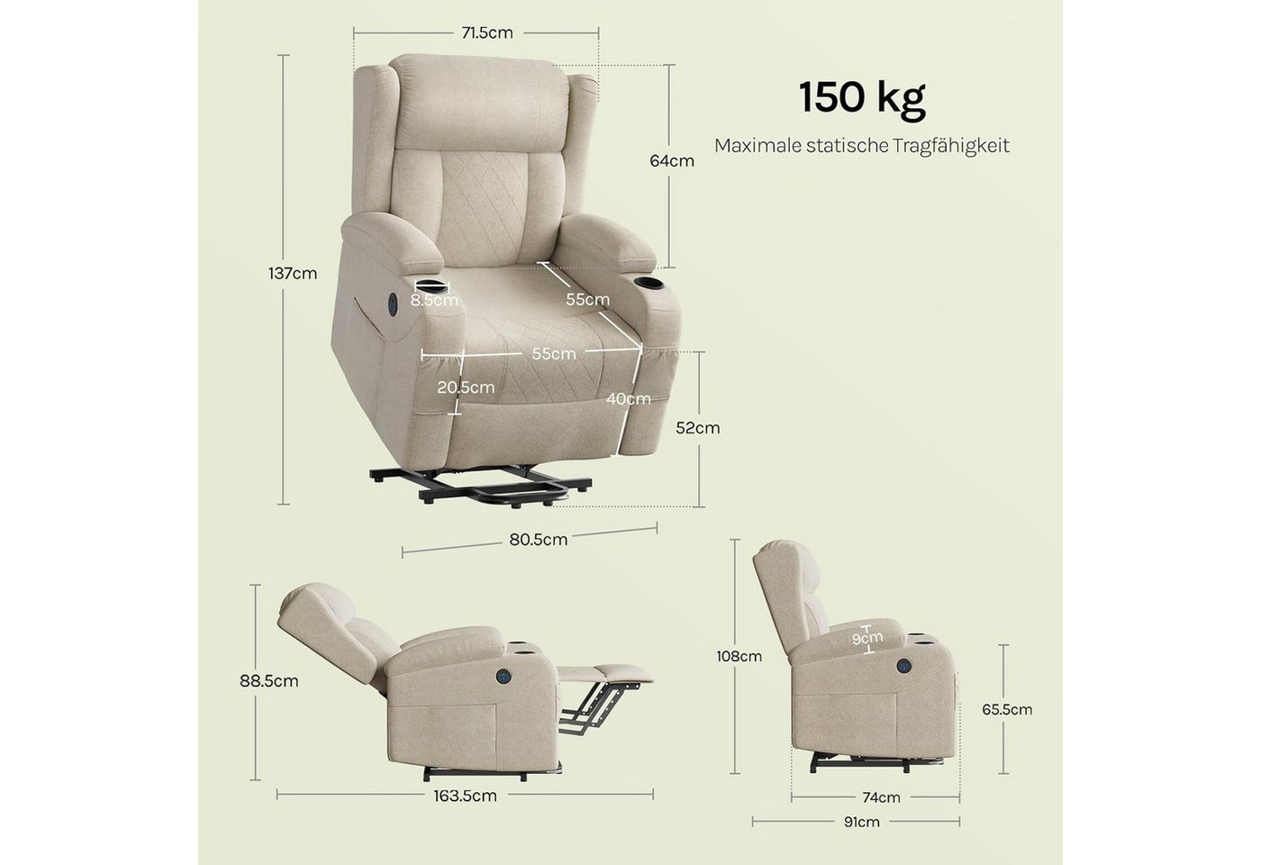 Woltu Massagesessel, elektrisch verstellbar, mit Liegefunktion Aufstehhilfe, Frottee – Bild 3 von 5