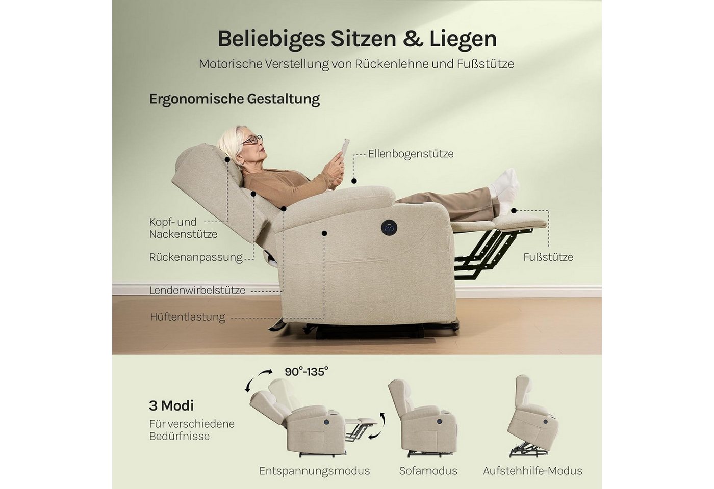 Woltu Massagesessel, elektrisch verstellbar, mit Liegefunktion Aufstehhilfe, Frottee – Bild 4 von 5