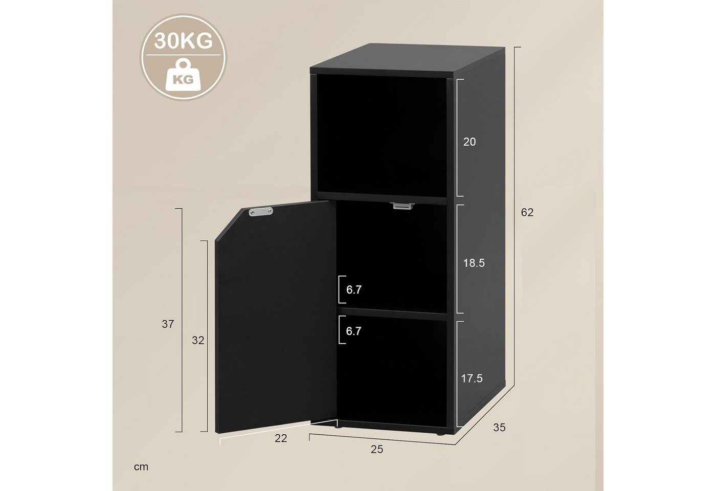 Woltu Nachttisch (1-St), mit offenem Fach und Tür, Verstellbarer Ablage, 25x62x35 cm – Bild 3 von 5