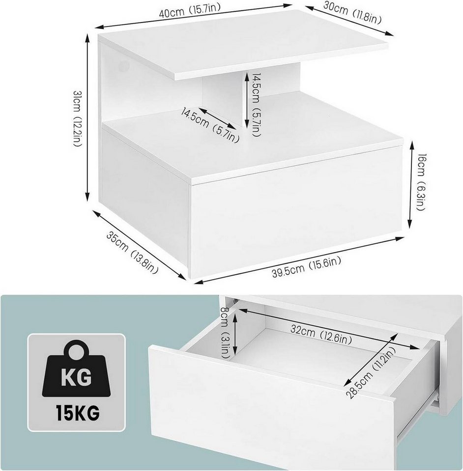 Woltu Nachttisch (1-St., Set), hängend Wandregal mit Schublade – Bild 3 von 5