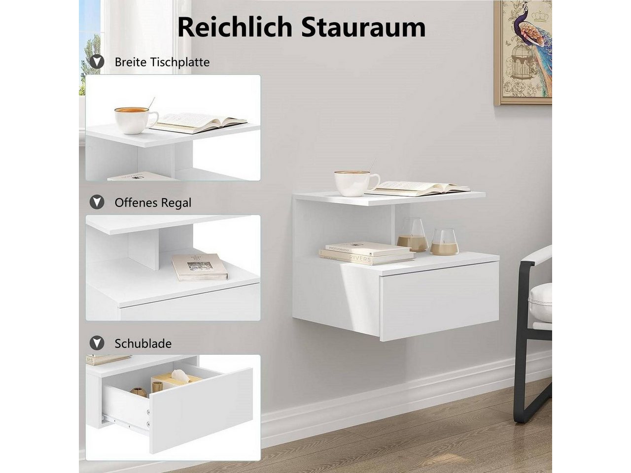 Woltu Nachttisch (1-St., Set), hängend Wandregal mit Schublade – Bild 4 von 5
