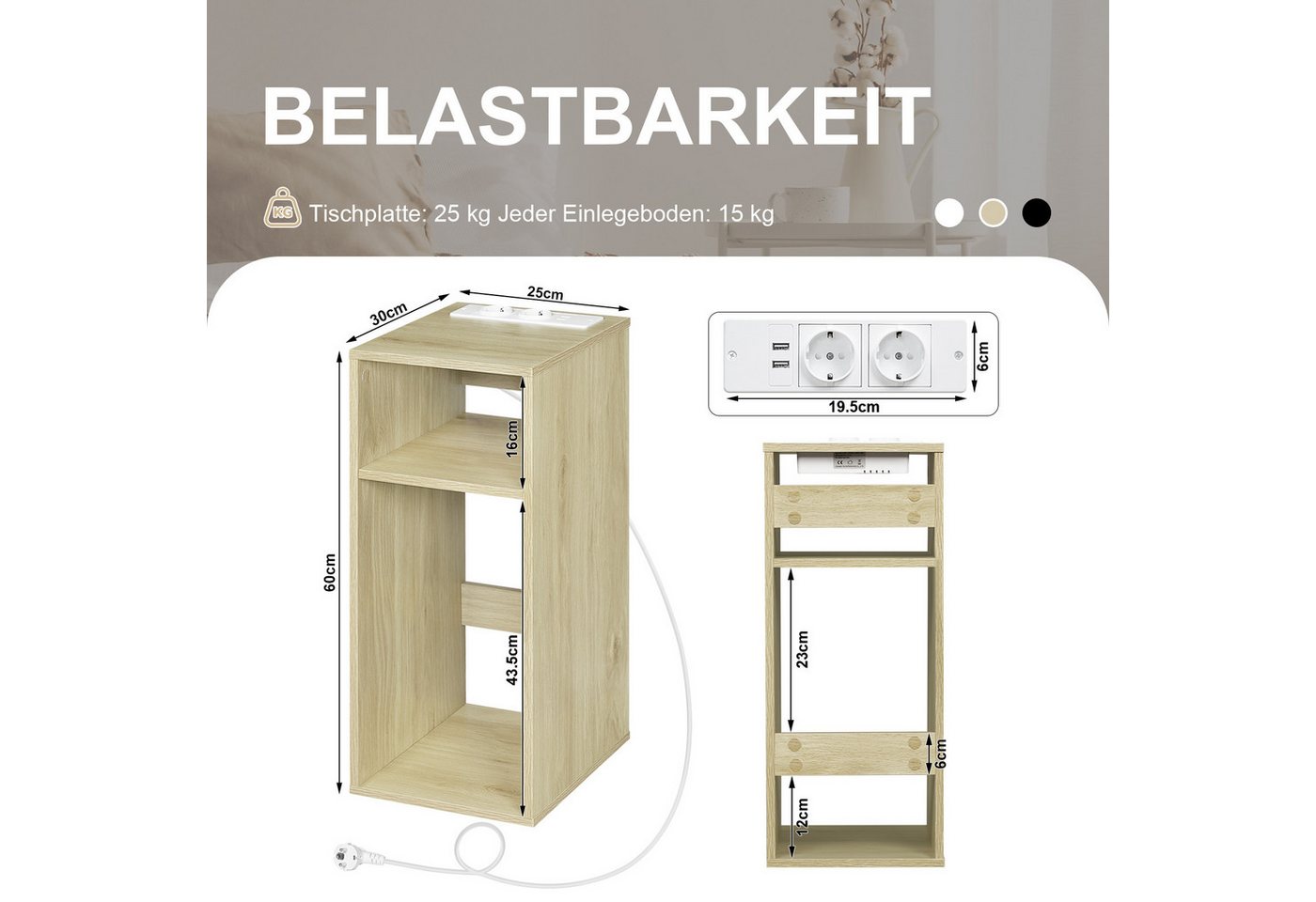 Woltu Nachttisch (1-St), mit Ladefunktion, schmaler Beistelltisch – Bild 3 von 5