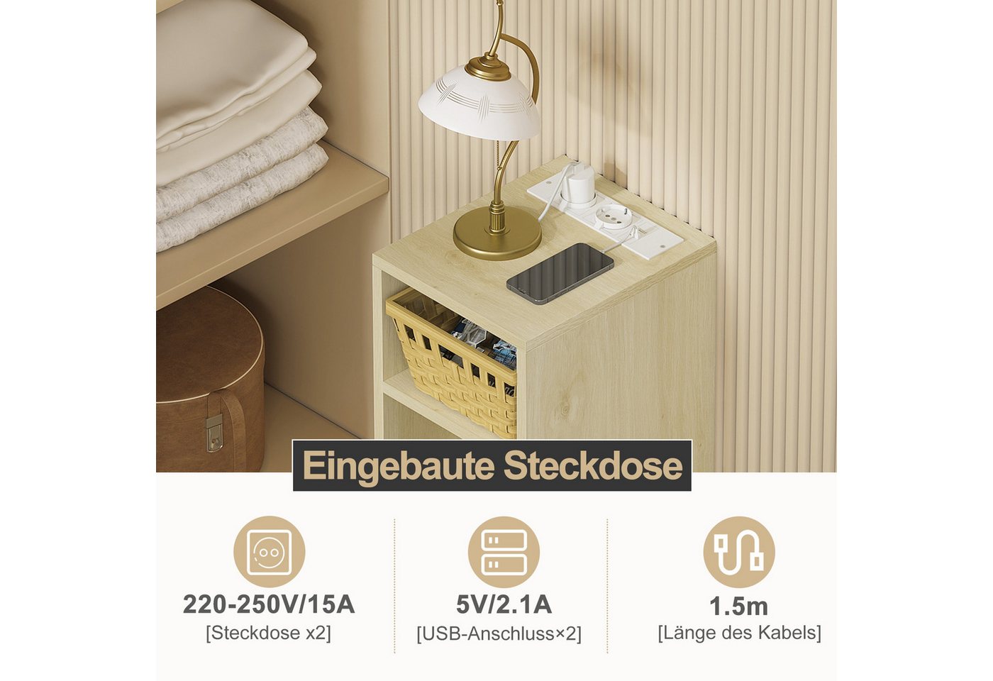 Woltu Nachttisch (1-St), mit Ladefunktion, schmaler Beistelltisch – Bild 4 von 5