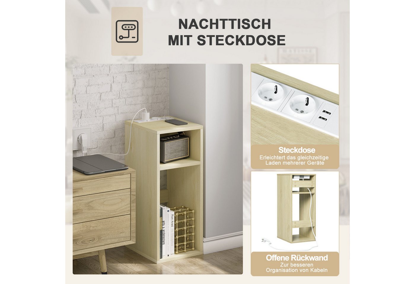 Woltu Nachttisch (1-St), mit Ladefunktion, schmaler Beistelltisch – Bild 5 von 5