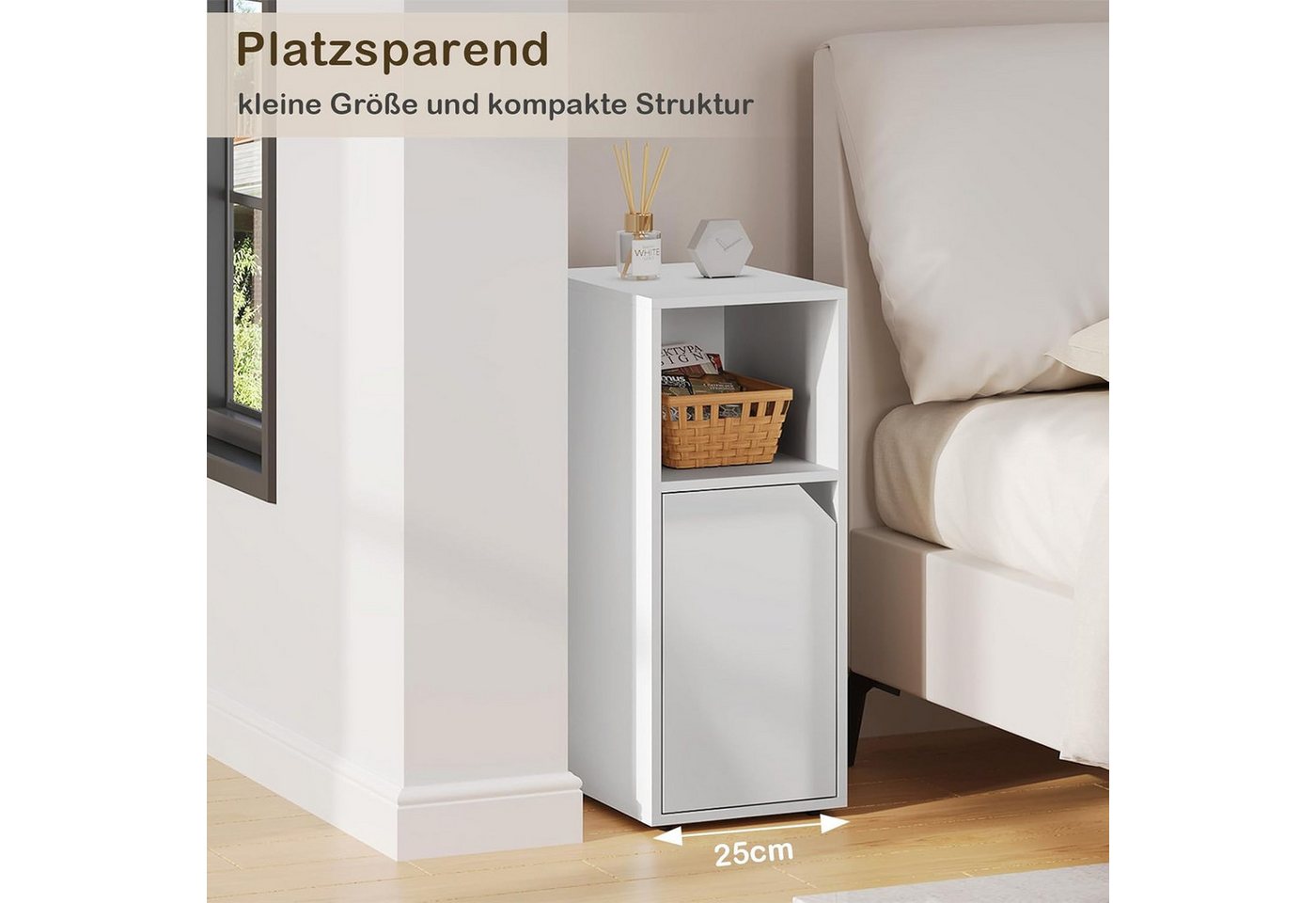 Woltu Nachttisch (1-St), mit offenem Fach und Tür, Verstellbarer Ablage, 25x62x35 cm – Bild 4 von 5