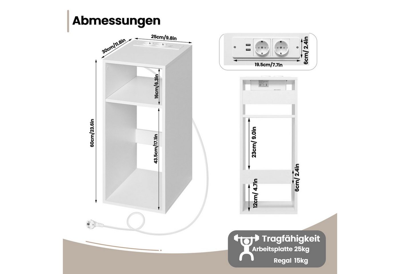 Woltu Nachttisch (1-St), mit Ladefunktion, schmaler Beistelltisch – Bild 3 von 5