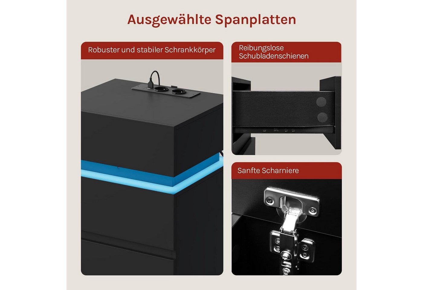 Woltu Nachttisch (2-St), Nachtschrank mit integrierter Steckdosenleiste, schwarz – Bild 4 von 5