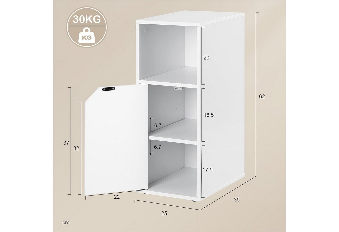 Woltu Nachttisch (2-St), mit offenem Fach und Tür, Verstellbarer Ablage, 25x62x35 cm – Bild 3 von 5