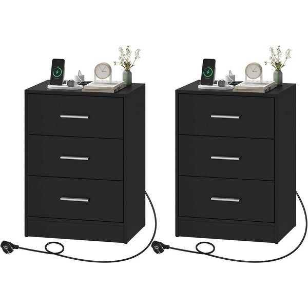Woltu Nachttisch (2-St), mit Ladefunktion, Steckdose, 3 Schubladen, Modern