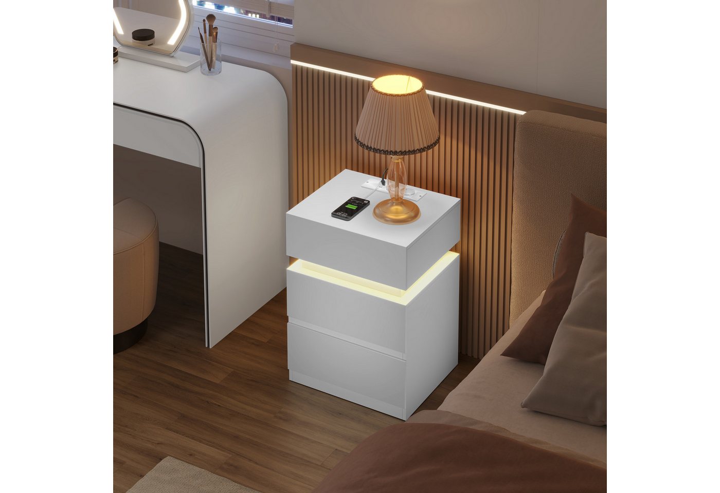 Woltu Nachttisch (2-St), Nachtschrank mit integrierter Steckdosenleiste, weiß – Bild 2 von 5