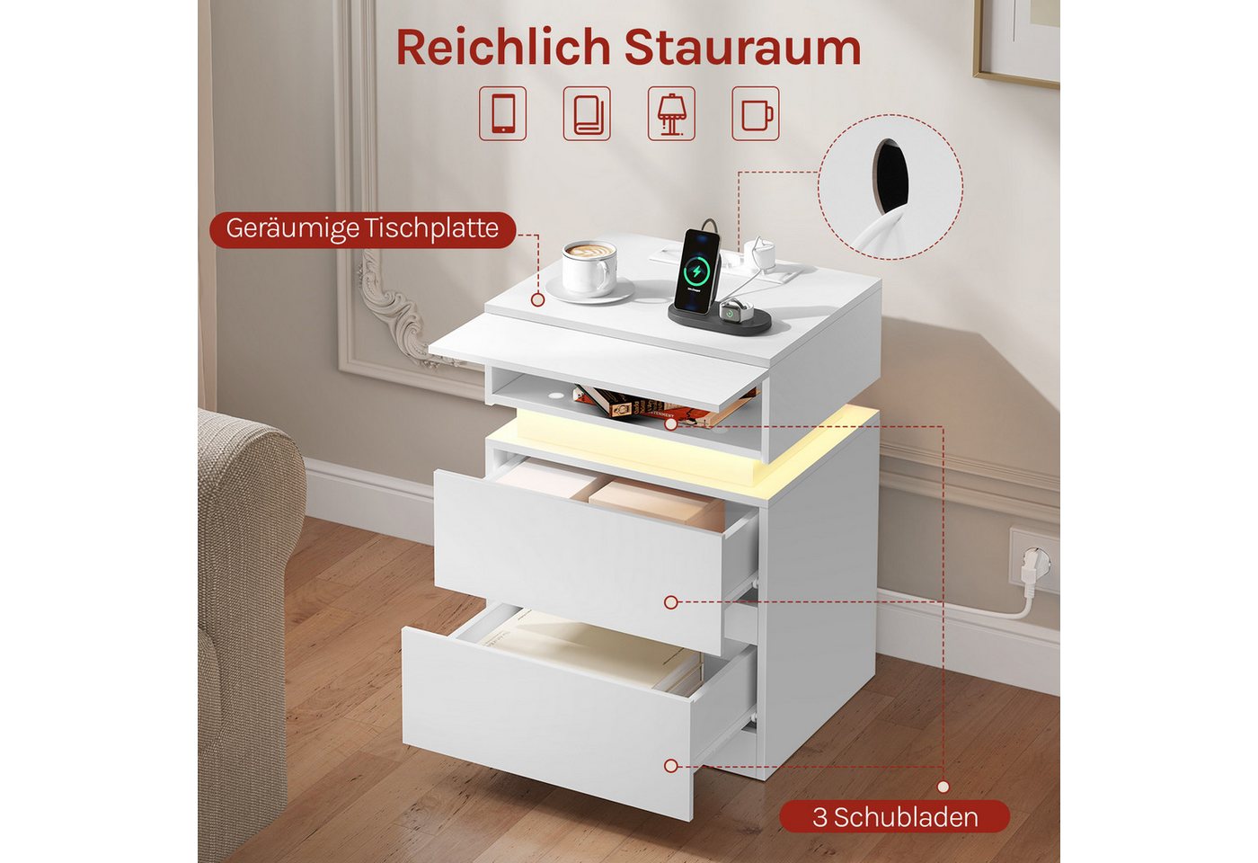 Woltu Nachttisch (2-St), Nachtschrank mit integrierter Steckdosenleiste, weiß – Bild 5 von 5