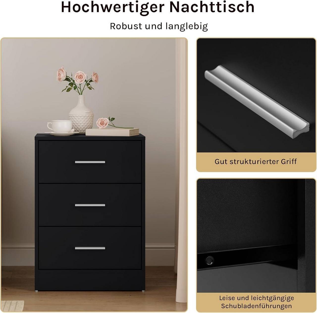 Woltu Nachttisch (2er-Set), Nachtschrank, 2er Set, mit 3 Schubladen, Nachtkommode, 39x54x28cm – Bild 5 von 5