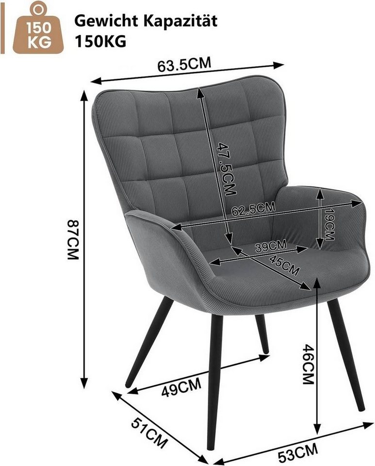 Woltu Relaxsessel (1-St), Ohrensessel Polstersessel mit Cordbezug – Bild 3 von 5