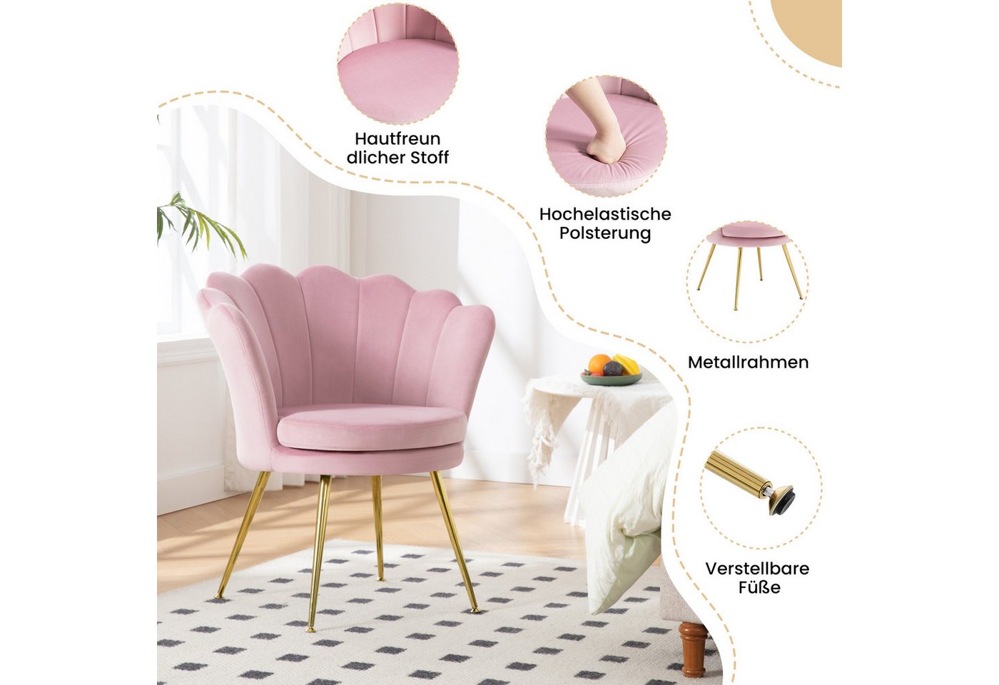 Woltu Relaxsessel, Sessel Wohnzimmer in Blumenform, mit Samtbezug Metallbeinen – Bild 5 von 5