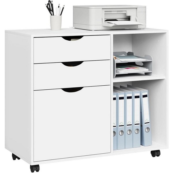 Woltu Rollcontainer, mobiler Aktenschrank Weiß, 80x69,5x39,5 cm, mit 5 Rollen
