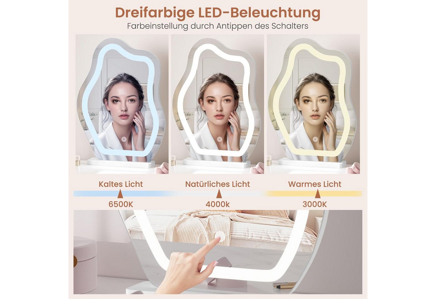 Woltu Schminkspiegel, mit Beleuchtung, 3 Farbtemperaturen, Tischspiegel Wolkenform dimmbar – Bild 4 von 5