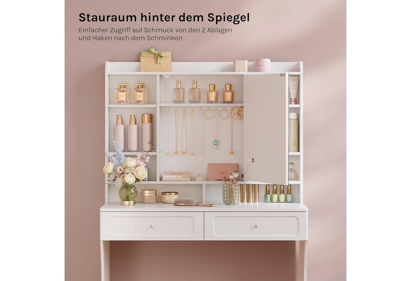 Woltu Schminktisch (1-St), mit Spiegel und Beleuchtung, mit offenen Ablagen, Weiß – Bild 4 von 5