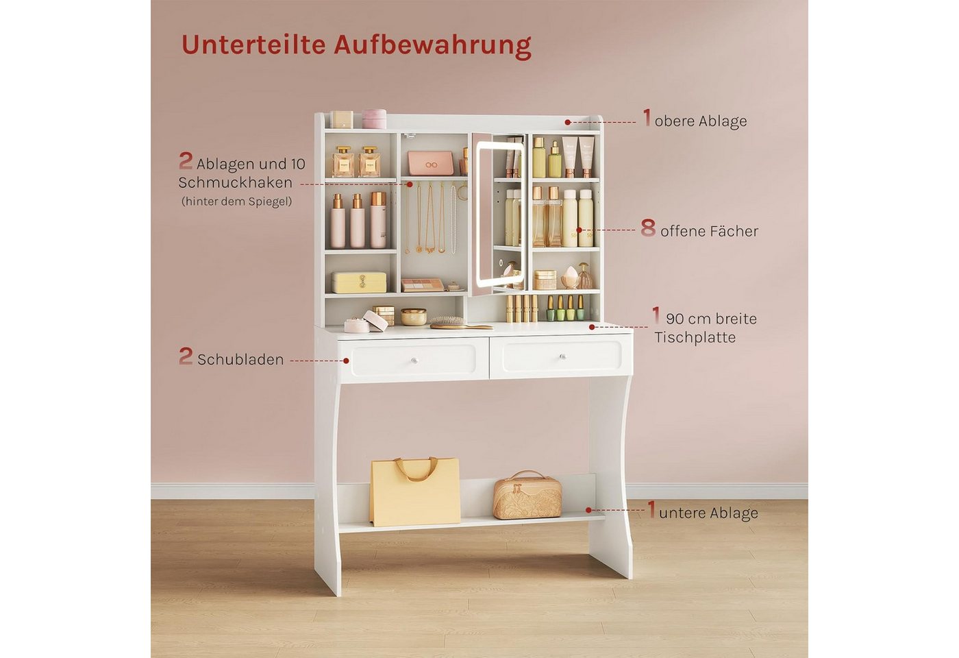 Woltu Schminktisch (1-St), mit Spiegel und Beleuchtung, mit offenen Ablagen, Weiß – Bild 5 von 5