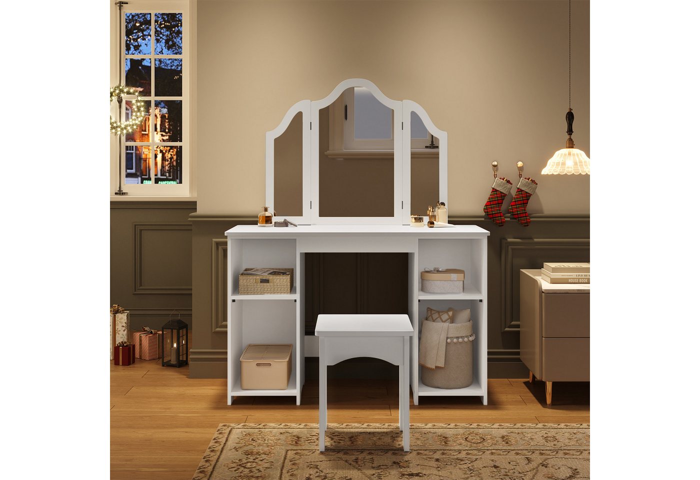 Woltu Schminktisch (1-St), Mädchen Kosmetiktisch mit Hocker Spiegel, weiß – Bild 2 von 5