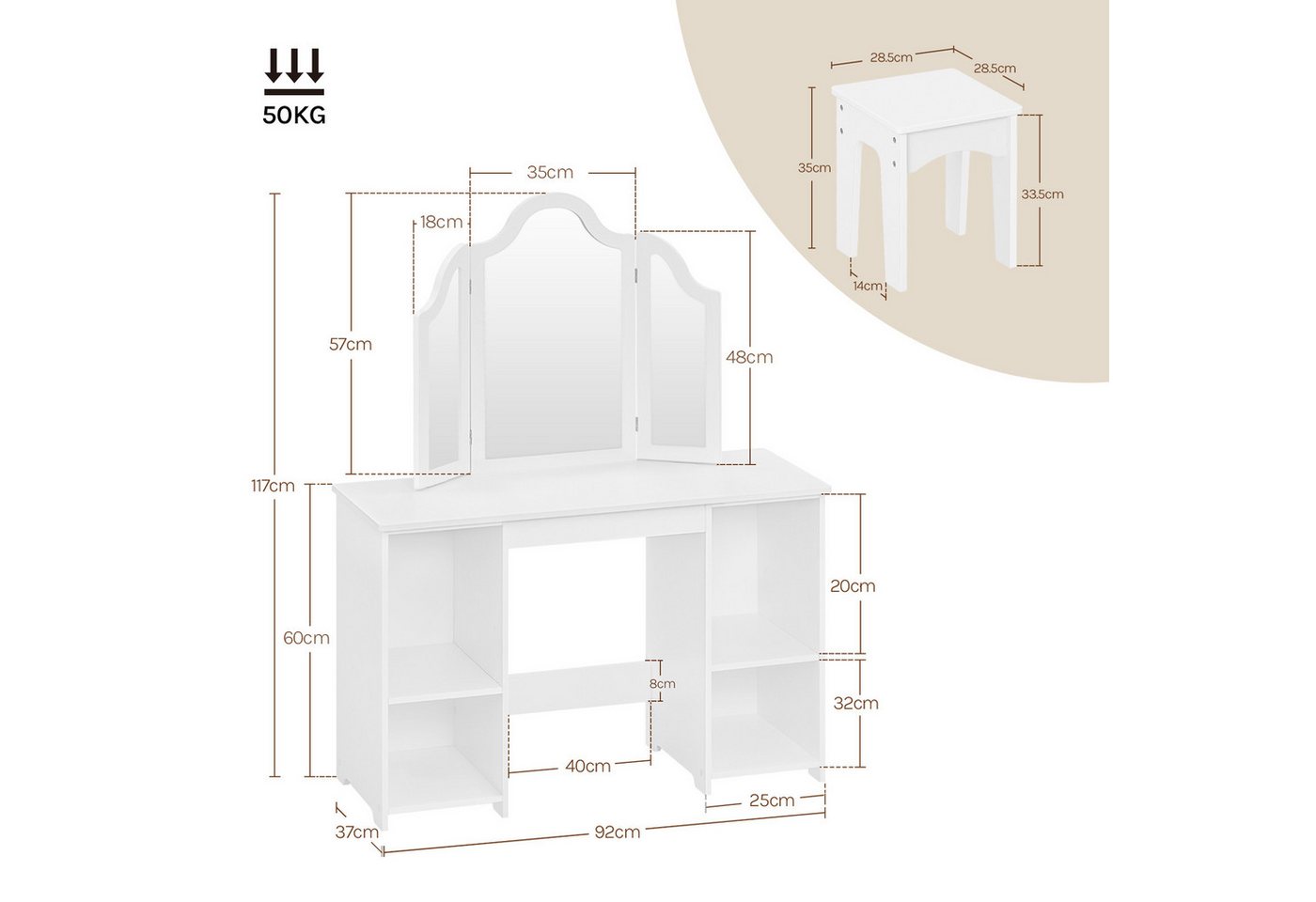 Woltu Schminktisch (1-St), Mädchen Kosmetiktisch mit Hocker Spiegel, weiß – Bild 3 von 5