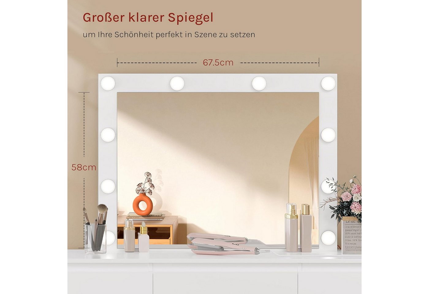 Woltu Schminktisch (1-St), mit Steckdose, mit Spiegel und LED-Beleuchtung, Weiß – Bild 4 von 5