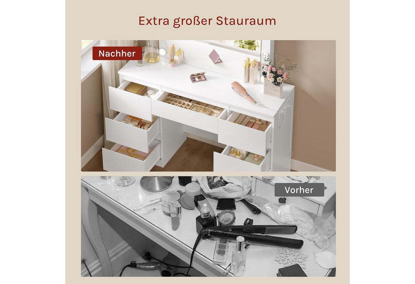 Woltu Schminktisch (1-St), mit Steckdose, mit Spiegel und LED-Beleuchtung, Weiß – Bild 5 von 5