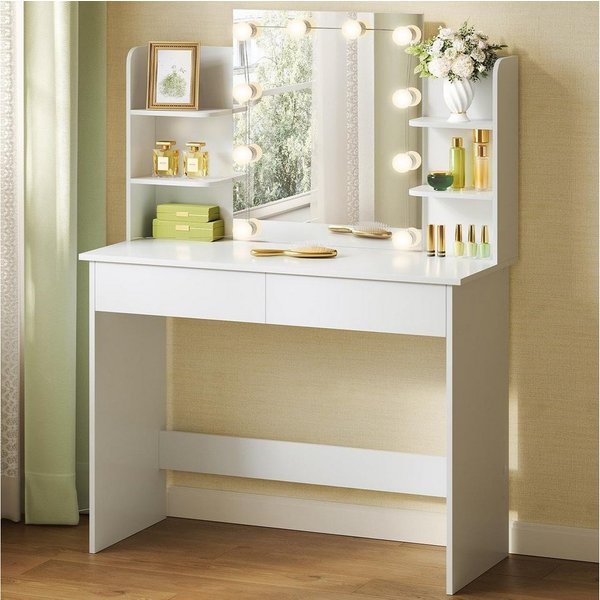 Woltu Schminktisch (1-St), Weiß, mit LED-Beleuchtung Hollywood, mit Spiegel