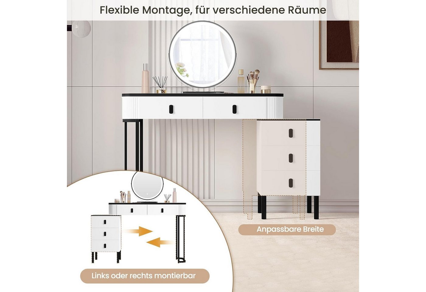 Woltu Schminktisch (1-St), mit Mobiler Spiegel, 2 Schubladen, 1 Seitenschrank – Bild 5 von 5