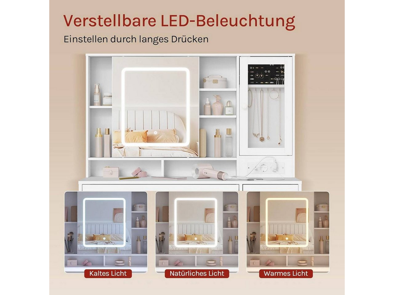 Woltu Schminktisch (1-St), mit Beleuchtung, Mobiler Spiegel und Steckdosen, weiß – Bild 3 von 5