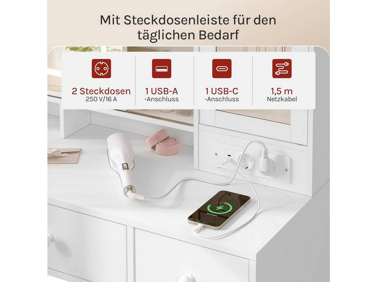 Woltu Schminktisch (1-St), mit Beleuchtung, Mobiler Spiegel und Steckdosen, weiß – Bild 4 von 5