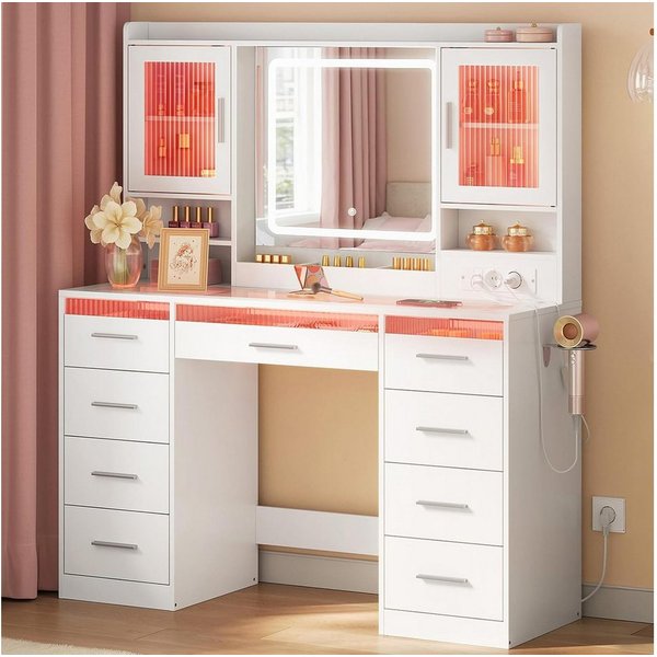 Woltu Schminktisch (1-St), mit RGB- und LED-Beleuchtung mit transparenter Glasplatte